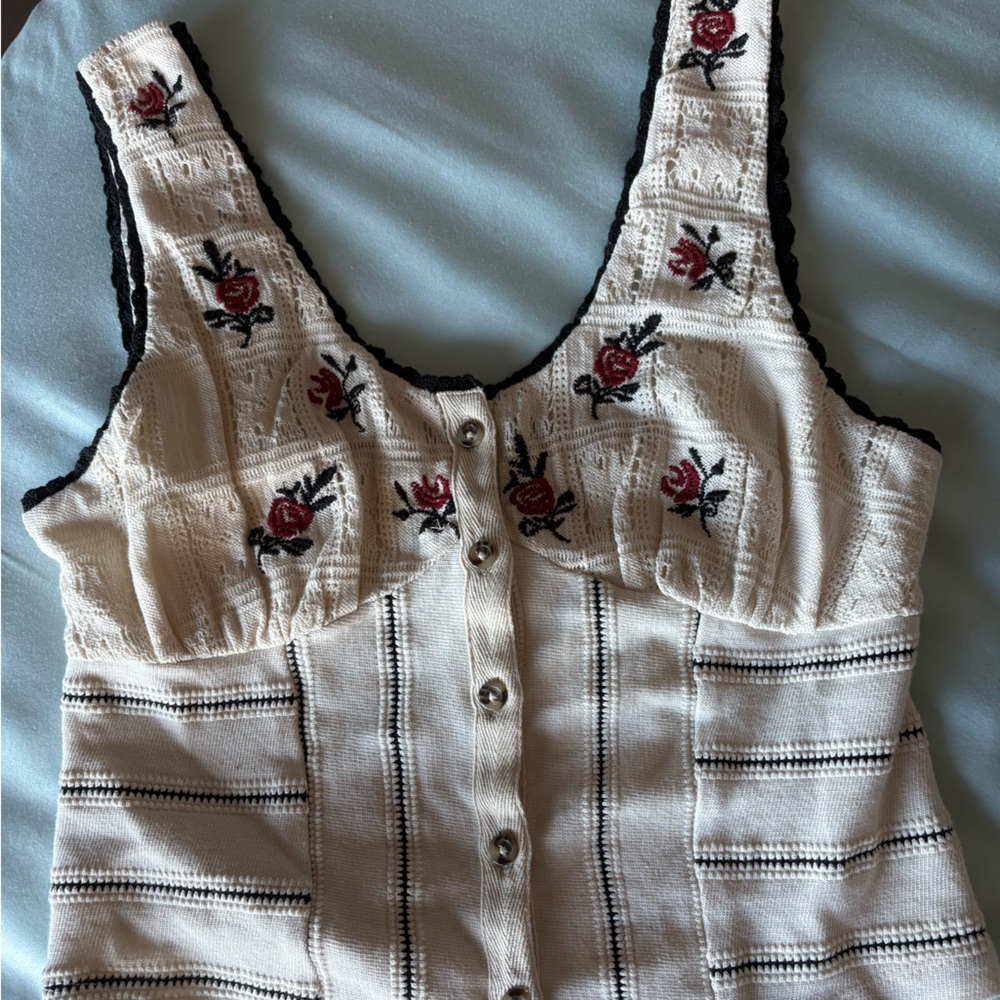 Ivory Striped Tank with Red Rose Embroidery free people small